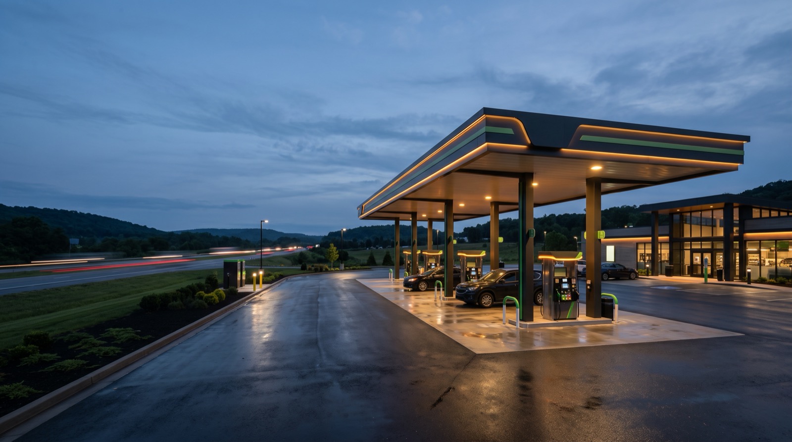 A modern independent travel-center plaza at dusk
