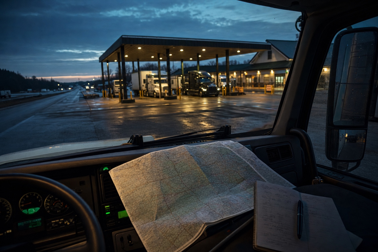 A paper road atlas on a truck dashboard overlooking an independent travel center at blue hour