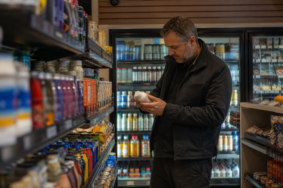 A retail professional examining an unbranded bottle in a travel-center aisle