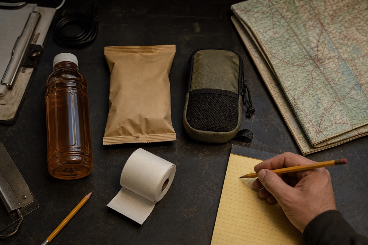 An unbranded travel assortment, paper road atlas, and field notes arranged on a dispatch desk